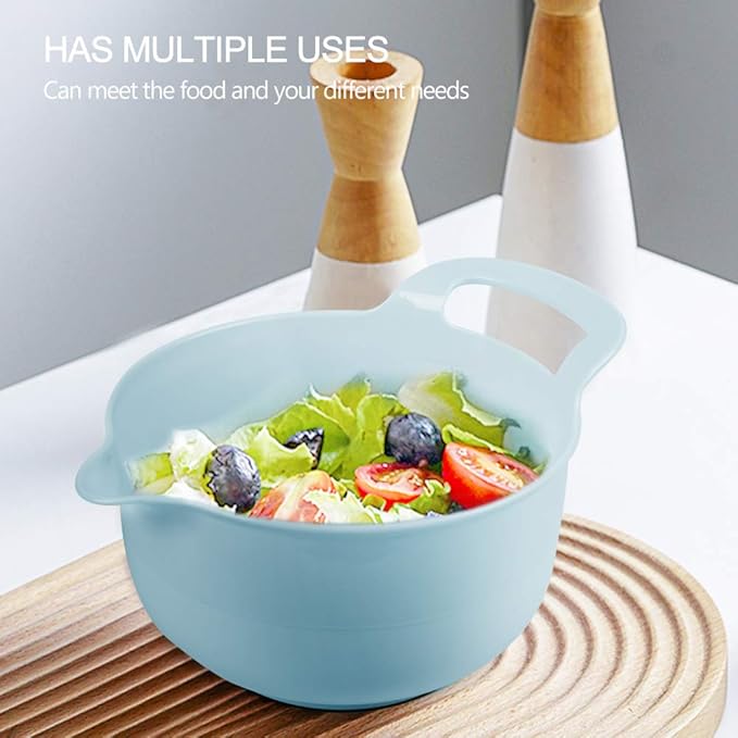 BoxedHome 4 Pack Nesting Mixing Bowls with Pour Spout and Handle, Plastic Large Mixing bowl BPA free Microwave & Dishwasher Safe(Blue, 4 Pack with Handle)