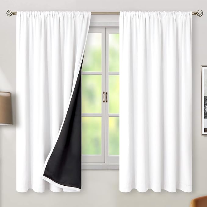 BGment Pure White 100% Blackout Curtains 63 Inches Long with Thermal Insulated Liner, Rod Pocket and Back Tab Double Layer Full Room Darkening Window Curtain for Bedroom, 2 Panels, Each 52 x 63 Inch