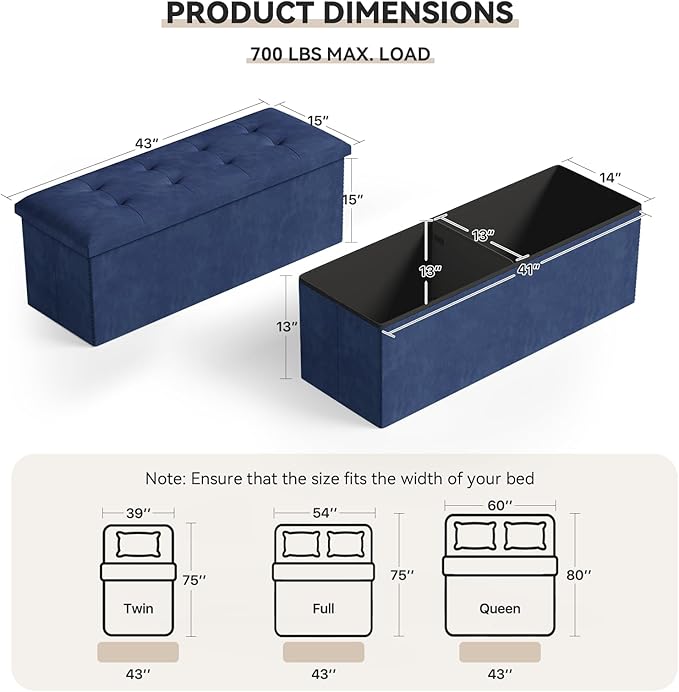 Storage Ottoman Bench, 43 Inch Ottoman Foot Rest, End of Bed Bench, Storage Chest, Load 700 lb, for Living Room, Bedroom, Entryway, Navy Blue