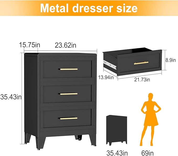 Metal Dresser Narrow Dresser for Bedroom Chest, 35.43" H Drawer Chest, Closet Dressers & Chests of Drawers for Living Room, Hallway (3 Drawers Black 24inch Wide)
