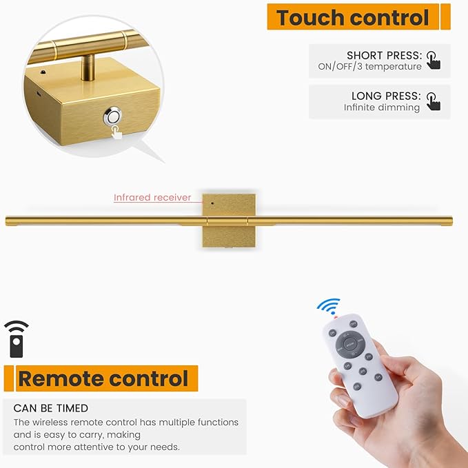 NIORSUN 35 Inch Battery Operated Wall Sconce Set of 2, 360° Rotation Gold Rechargeable Wall Lights with Detachable Tube and Remote, 3CCT Dimmable Wireless Wall Lamp for Living Room Bedroom Hallway