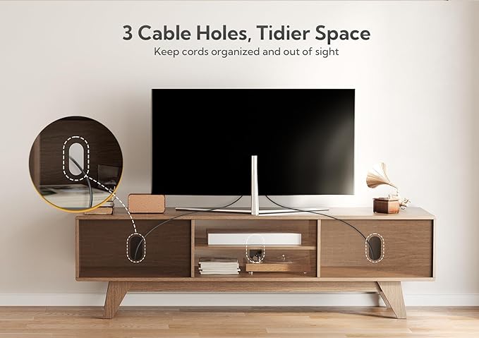 Claiks Mid-Century Modern TV Stand for 75 inch TV, Wood Fluted TV Stand with Storage and Adjustable Shelves, Low Profile TV Console for Living Room, Walnut