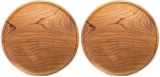 Rainforest Bowls Set of 2 12" Round Javanese Teak Wood Dinner Plates- Perfect for Everyday Use- Hot & Cold Friendly, Ultra-Durable, Premium Wooden Plates- Handcrafted by Indonesian Artisans