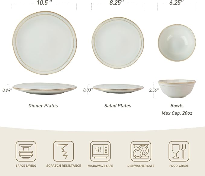 Famiware Aegean Stoneware Dinnerware Set for 4, Plates and Bowls Sets, 12-Piece Scratch-Resistant Dinner Plate Set, Handmade Irregular Round Dishes - Microwave and Dishwasher Safe, Cappuccino White