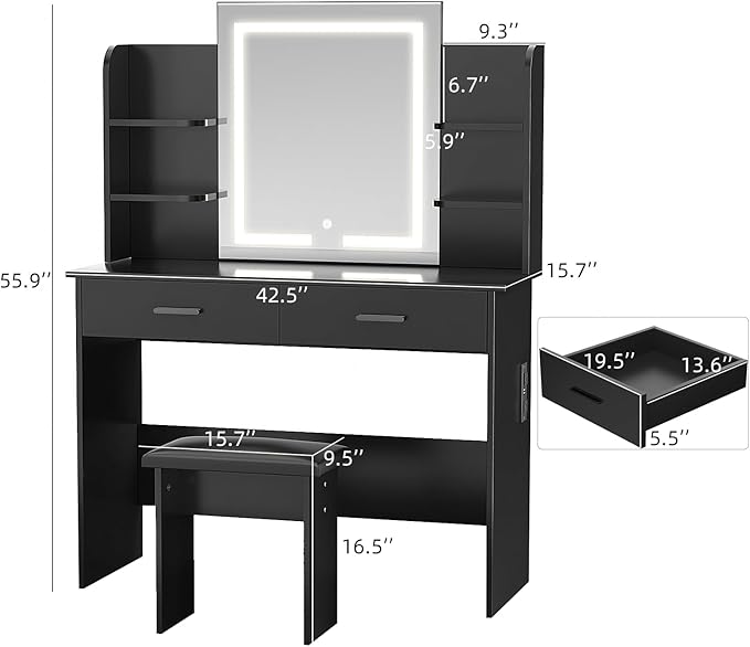 SMOOL Vanity with Lighted Mirror, Makeup Vanity Desk with Power Outlet, 3 Color Light Options Adjustable Brightness, Vanity Table with 6 Storage Shelves, 2 Large Drawers and Cushioned Stool, Black