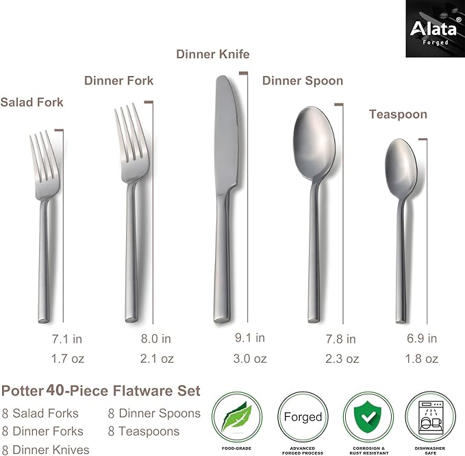 Alata Potter 40-Piece Forged Silverware Set, Service for 8 – Premium Stainless Steel Flatware Set, Modern Design with Satin Finish, Ideal for Home, Kitchen, Party, Camping