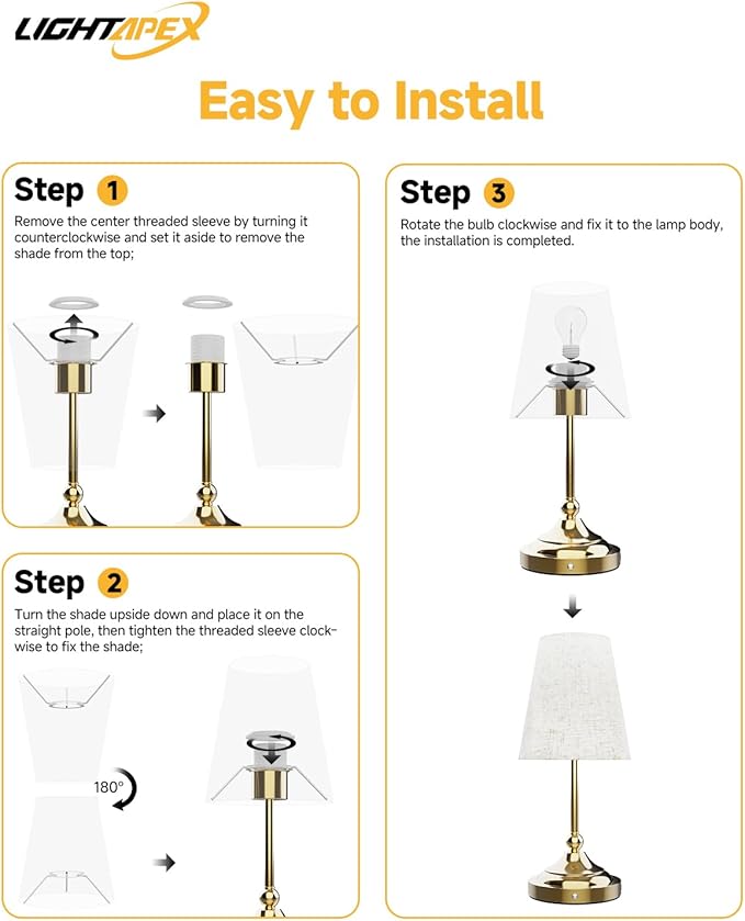 Lightapex Vintage Small Cordless Table Lamps with Stepless Dimming, Portable Rechargeable Bedside Lamps with Touch-Control for Bedroom, Living Room, and Reading, Cone(Brassy)