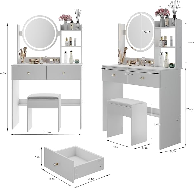 31.5" Small Vanity Desk with Mirror and Lights, Makeup Table with Led Lights, 3 Lighting Colors, Vanity Set with 2 Drawers and Stool for Small Space Bedroom, White