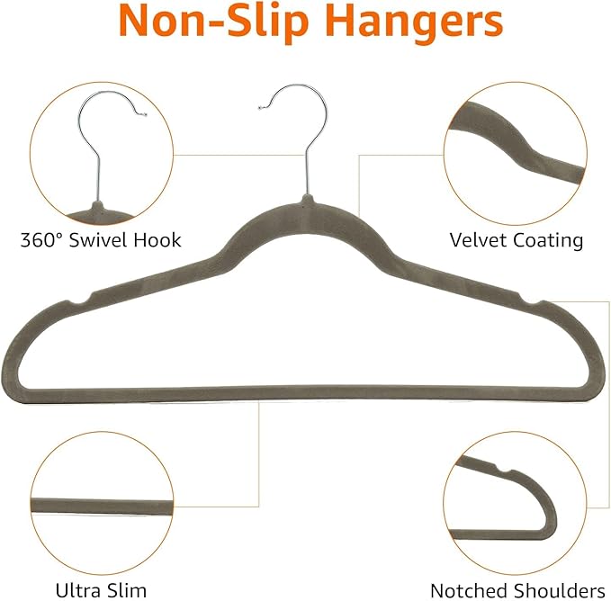 Amazon Basics Slim, Velvet, Non-Slip Suit Clothes Hangers, Gray/Silver - Pack of 50