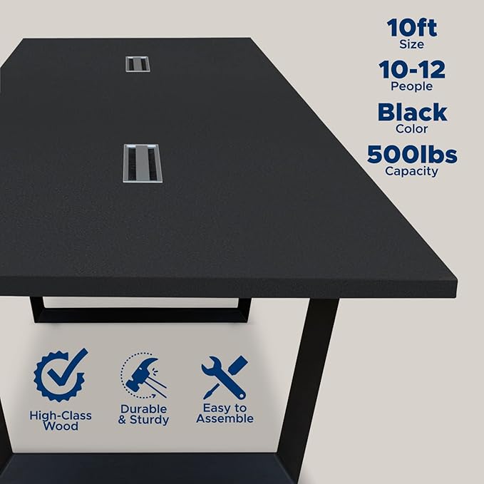 Sturdy Conference Table with Cable Management Grommets Modern Rectangle Office Meeting Table with Wood Tabletop and Metal Frame & Legs- Easy Assembly Boardroom Table (Black, 10 Foot)