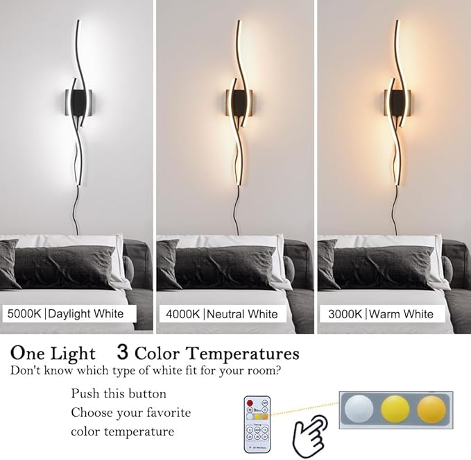 Plug in Wall Sconces Set of 2, Modern Plug in Sconce with Remote, Dimmable LED Wall Light, Wall Lamps with Plug in Cord for TV Wall Sconces, Black Sconce Lighting for Living Room, Hallway, Bedroom