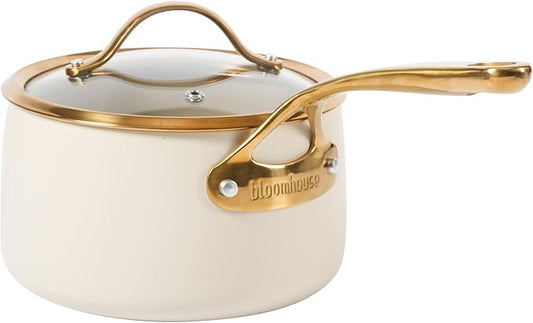 bloomhouse 3 Quart Heavy Duty Aluminum Premium PFA Free Ceramic Nonstick Saucepan with Lid - Almond Cream w/Gold Handle