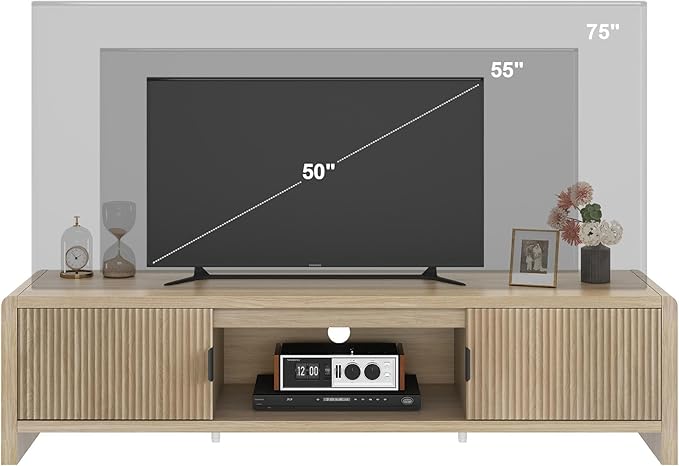 FATORRI TV Stand for TVs up to 75/65/55 Inch, Wood Entertainment Center with Storage, Farmhouse Waveform Fluted-Door Television Media Console for Living Room, Bedroom (63 Inch W, Light Walnut)