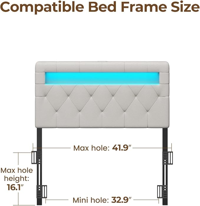 GREENSTELL Headboard for Twin Size Bed with 60,000 DIY Color of LED Light, USB & Type C Post, Attach Frame, Height Adjustable, White Leather Wall Mounted Head Boards Only, Sturdy & Stable, Twin