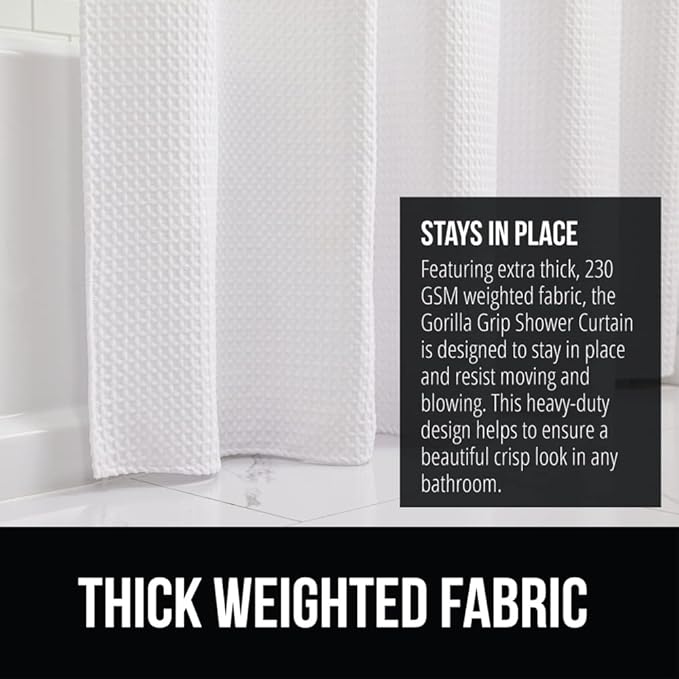 GORILLA GRIP Waffle Shower Curtain, Thick Weighted Fabric, 72x78, Wrinkle and Rust Resistant, Classic Hotel Quality Design, Heavy Duty Long Curtains for Bathroom Showers, Bath Tubs, Machine Wash White