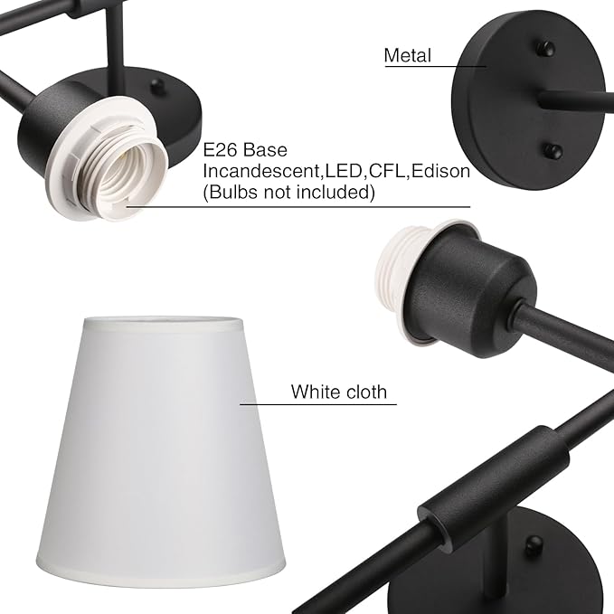 PERMO Classic Rustic Double Sconce 2-Lights Wall Sconce Lighting Fixture with Flared White Textile Lamp Shade and and Black Finished Long Arm,Wall Sconce Light Fixture for Bathroom Bedroom Bedside