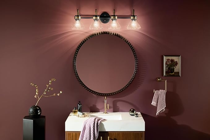 Kichler Farum 34" 4-Light Vanity Light with Clear Glass in Black, for Single or Double Vanity, Over a Mirror, Powder Room, Bathroom, (34" W x 9.5" H), 55156BKCLR