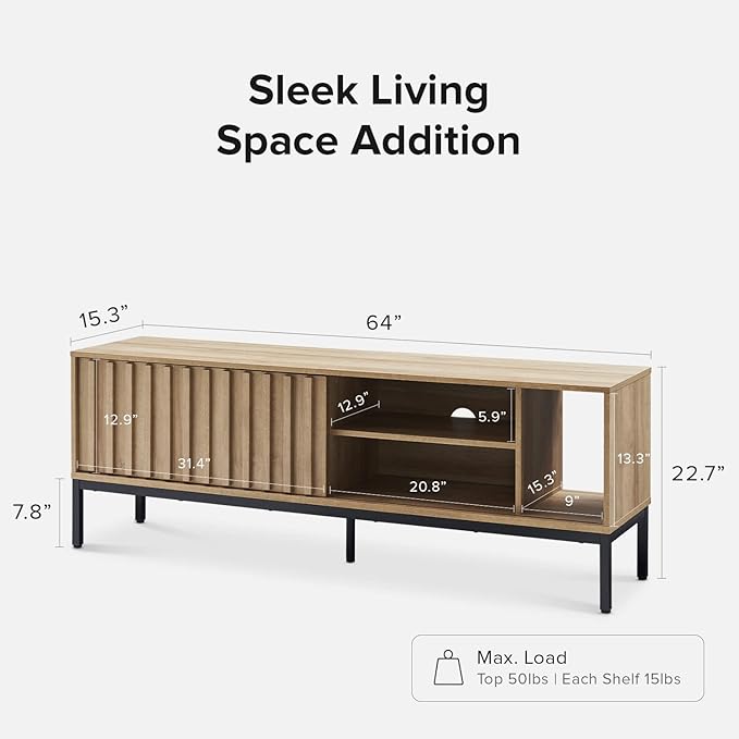 mopio Norwin TV Stand, Rustic Modern Industrial Television Stand for 60/65/70 inch TV, Fluted Entertainment Center with Storage, Wood Media Console Credenza Cabinet Table for Living Room (Oak 64")