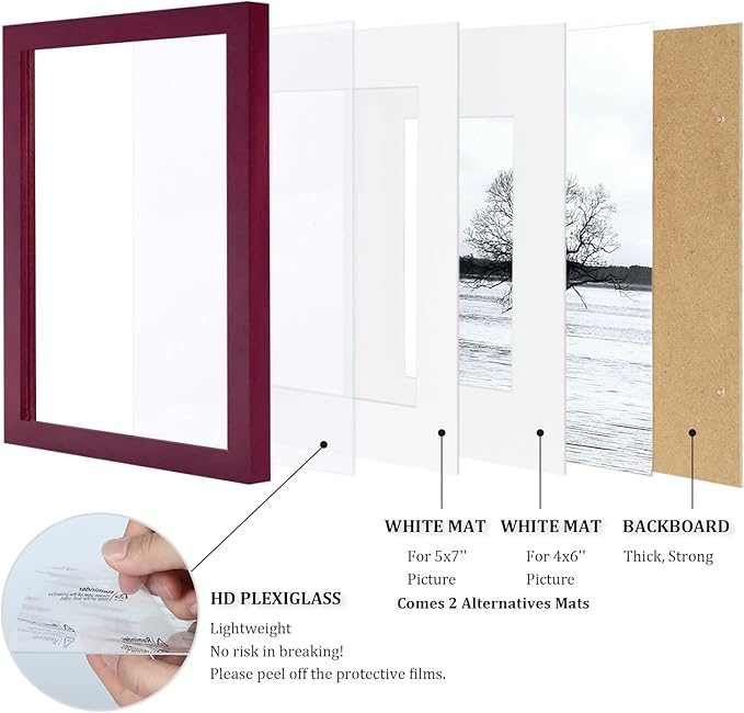 Egofine 8x10 Picture Frame Made of Solid Wood, Covered by Plexiglass for Pictures 4x6 or 5x7 with Mat or 8x10 Without Mat, Photo Frame for Table Top and Wall Display, Cherry Red