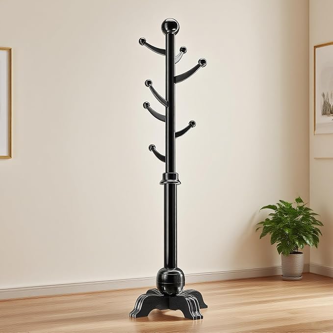 Hall Tree, Freestanding Wood Tree Rack with 7 Hooks, Coat Rack with Stable Sphere Base, Wooden Coat Rack Stand, Load 210 lb, Coat Hanger Stand for Entryway, Hallway, Bedroom (Black)