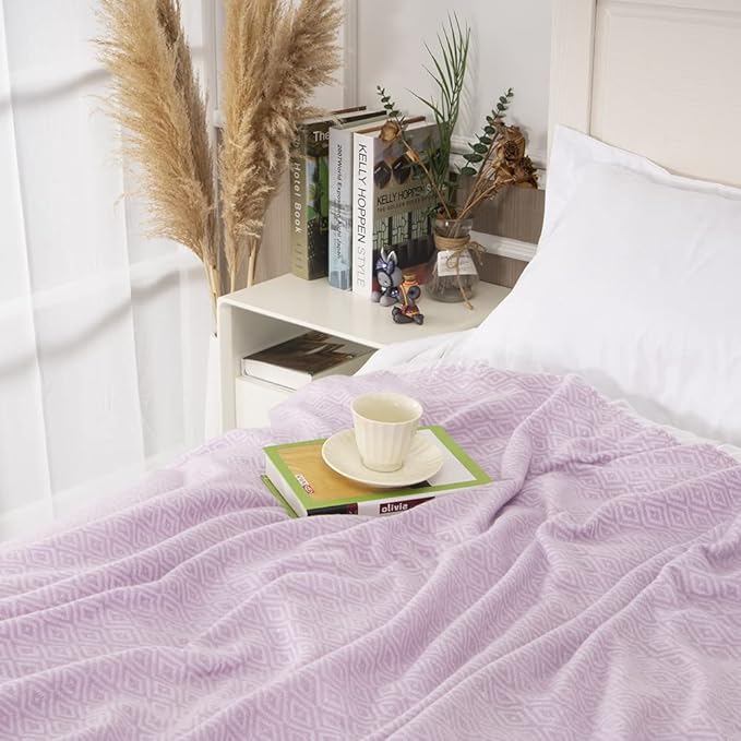 Gealaek Decorative Diamond Lattice Faux Cashmere Throw Blanket Pink Lavender Fringe Lightweight Fuzzy Soft Cozy Throws for Sofa Bed Farmhouse Throw Blanket 50" x 60"