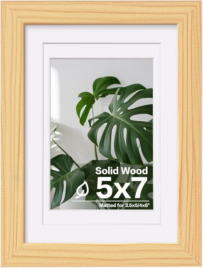 Egofine 5x7 Picture Frame Natural Wood Made of Solid Wood with Plexiglass, Display Pictures 3.5x5/4x6 with Mat or 5x7 Without Mat for Tabletop and Wall Mounting