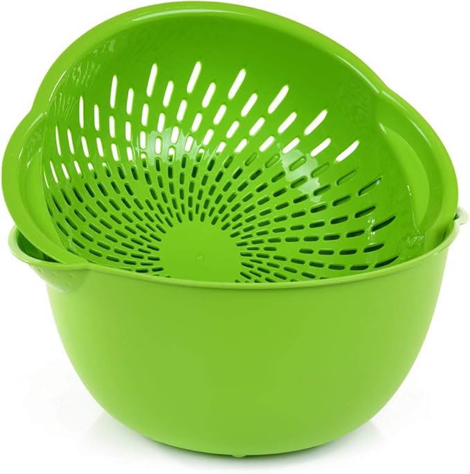 Mintra Home Mixing Bowl w/Colander (Large 4.5L, Green) - For Washing & Draining Fruits And Vegetables - Heavy Duty Plastic for Baking, Cooking Supplies - Dishwasher Safe