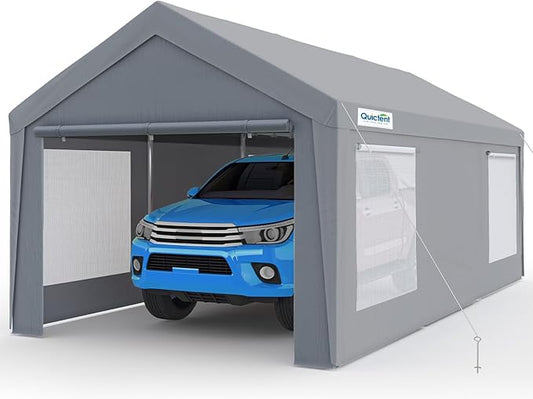 Quictent 12x20 ft Heavy Duty Carport Canopy Galvanized Car Tent Outdoor Garage Boat Shelter with Reinforced Structure with Roll-up Ventilated Windows Sidewall - Gray