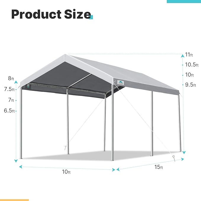 ADVANCE OUTDOOR 10x15 ft Heavy Duty Carport Potable Car Canopy Garage Party Tent Boat Shelter, Adjustable Height from 9.5 ft to 11 ft, Gray