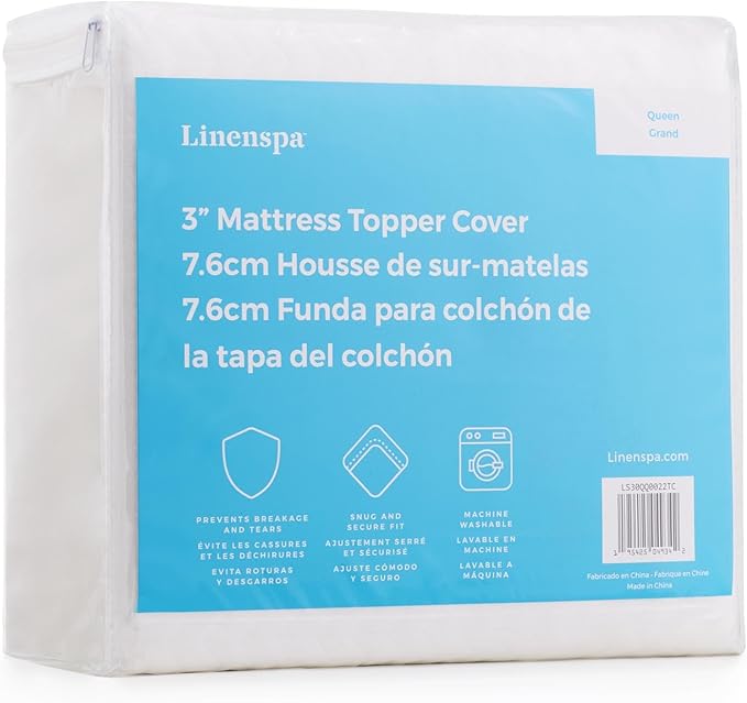Linenspa 3 Inch Mattress Topper -Cover California King –Cover Only –Machine Washable – Breathable – Non Slip –Cover for Mattress Topper with Zipper – Topper -Cover Only White