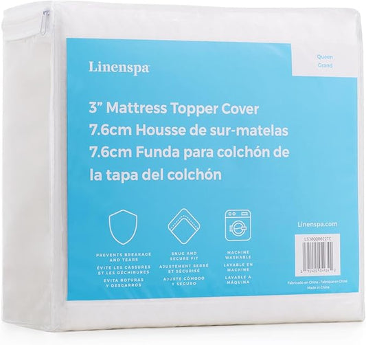 Linenspa 3 Inch Mattress Topper -Cover California King –Cover Only –Machine Washable – Breathable – Non Slip –Cover for Mattress Topper with Zipper – Topper -Cover Only White