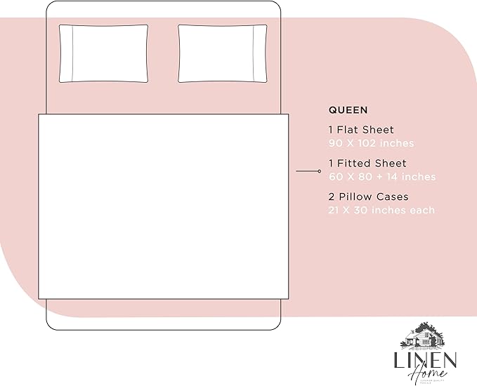 Linen Home 100% Cotton Percale Sheets Queen Size, English Rose, Deep Pocket, 4 Pieces Set - 1 Flat, 1 Deep Pocket Fitted Sheet and 2 Pillowcases, Crisp Cool and Strong Bed Linen