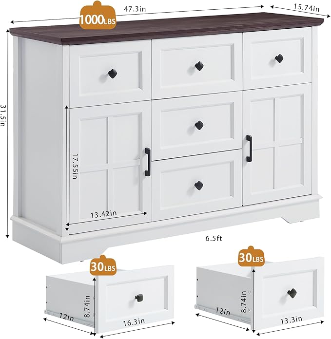 5+2 Dresser for Bedroom, White Dressers Storage with Wooden Drawers and Cross Door, TV Stand Chest of Drawers for Bedroom, Living Room