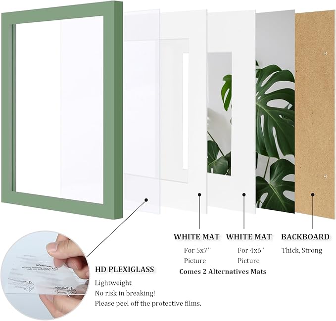 Egofine 8x10 Picture Frame Made of Solid Wood Covered by Plexiglass, Display Pictures 4x6/5x7 with Mat or 8x10 Without Mat for Table Top Display and Wall Mounting Photo Frame, Green