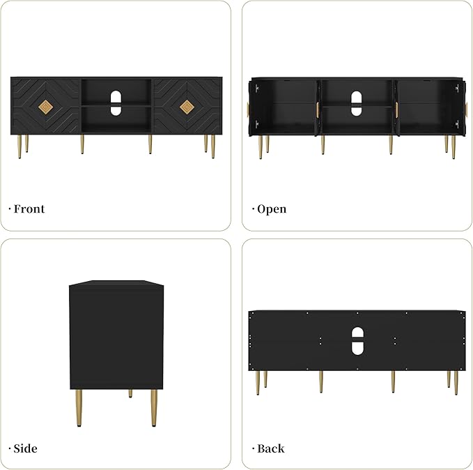 HLR 63''Modern Black TV Stand for 65/70/75 inch TV, Entertainment Center with Storage Cabinet, Mid CenturyTV Console,Embossed Pattern TV Stand, TV Media Console for Living Room, Bedroom