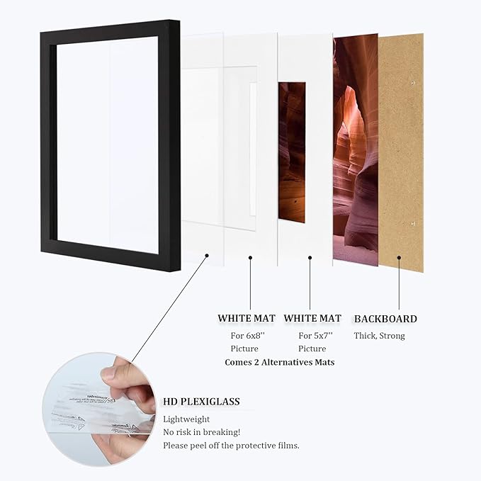 Egofine 9x12 Picture Frame Black Covered by Plexiglass Made of Solid Wood, Wood Frame for Pictures 5x7/ 6x8 with Mat or 9x12 without Mat, Tabletop and Wall Mounting Display