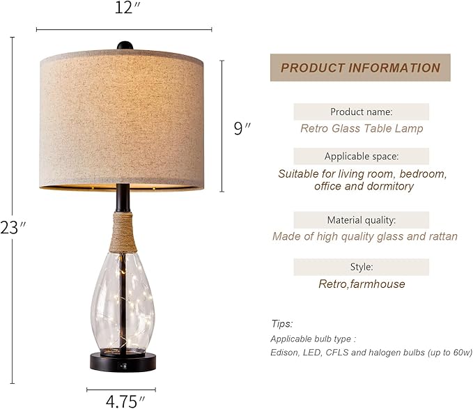 OYEARS 23" Farmhouse Table Lamps for Living Room – Set of 2 Boho Rattan Bedside Lamps with USB-C & USB-A Ports, Glass Nightlight, Dual Light Sources, Black