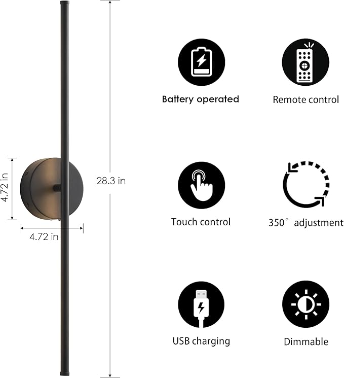 Battery Operated Wall Sconces with Remote Control, Dimmable Wall Sconces Set of Two, 350°Rotate, 3000K LED Black Wireless Wall Light for Living Room, Bedroom,Hallway, 28.3 Inch (2 Pack)