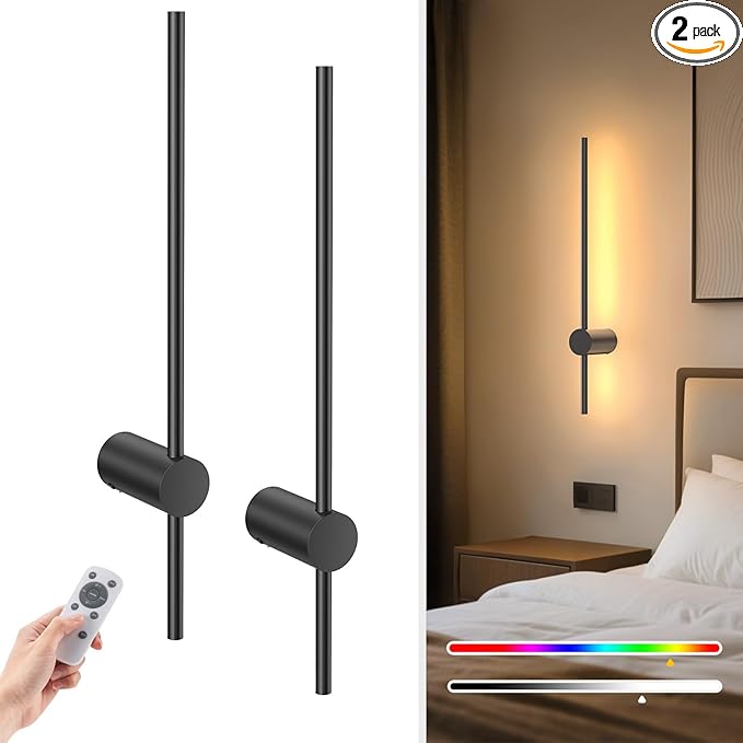 NIORSUN 24 Inch Battery Operated Wall Sconce Set of 2,Black Minimalist Rechargeable LED Wall Lights with Remote, 10 Colors Dimmable Wireless Wall Lamp for Living Room Bedroom Hallway
