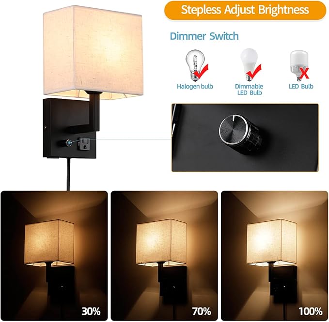 Plug in Wall Sconce, Bedside Wall lamp with Plug and dimmable Switch, with USB Charging Port and Socket, Suitable for Hotel, Corridor, Living Room and Bedroom Wall Light (Black)