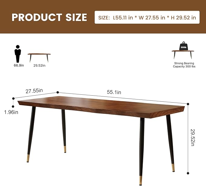 Solid Wood Desk 55 inches, Home Office Computer Desk Wooden Rustic Writing Desk Metal Modern Simple Design Executive Real Wood Desk(Walnut)
