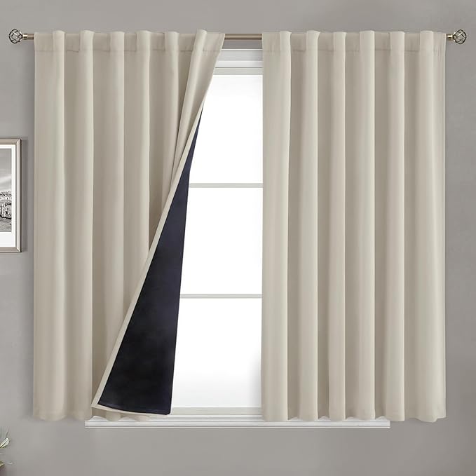 BGment 100% Room Darkening Thermal Insulated Blackout Curtains 45 Inches Long with Liner, Rod Pocket and Back Tab Double Layer Noise Reduce Curtains for Bedroom (52 x 45 Inch, 2 Panels, Cashmere)