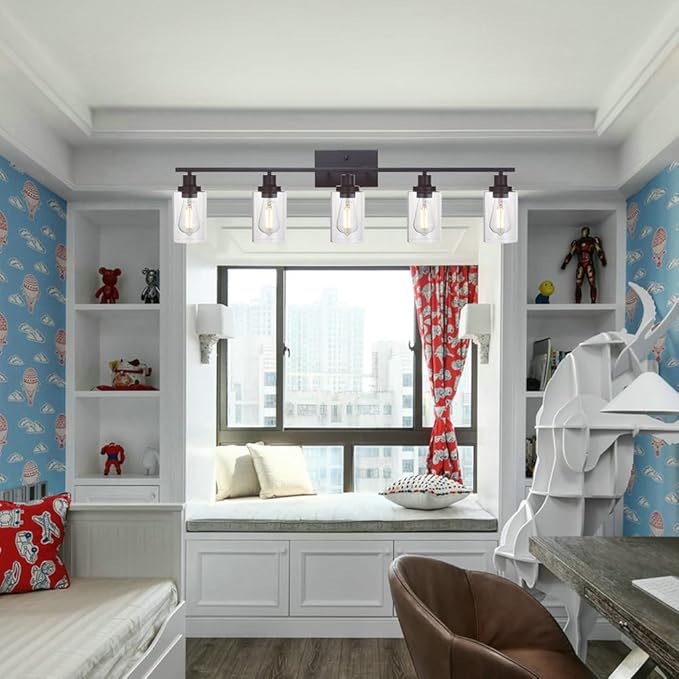 MELUCEE 5-Light Wall Light Fixtures Vanity Lights Bathroom Fixtures Oil Rubbed Bronze Finished with Clear Glass, Industrial Wall Sconce for Bedroom Hallway Kitchen (Patent No.: US D963914 S)