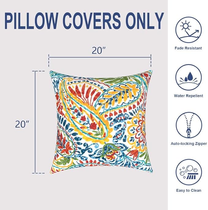 Pack of 2 Patio Throw Pillow Covers ONLY, Water Repellent Cushion Cases 20x20 Inch, Square Pillowcases for Outdoor Couch Decoration, Paisley Multi