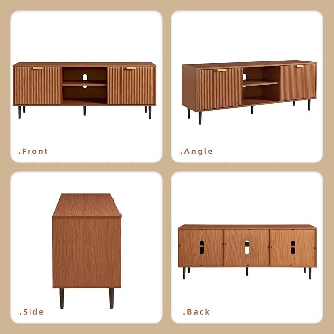 Okvnbjk Modern TV Stand, Fluted TV Consoles for Living Room 65+ Inch TV, Entertainment Stand with Storage & Sliding Doors, Media Console with Adjustable Shelf, Mocha