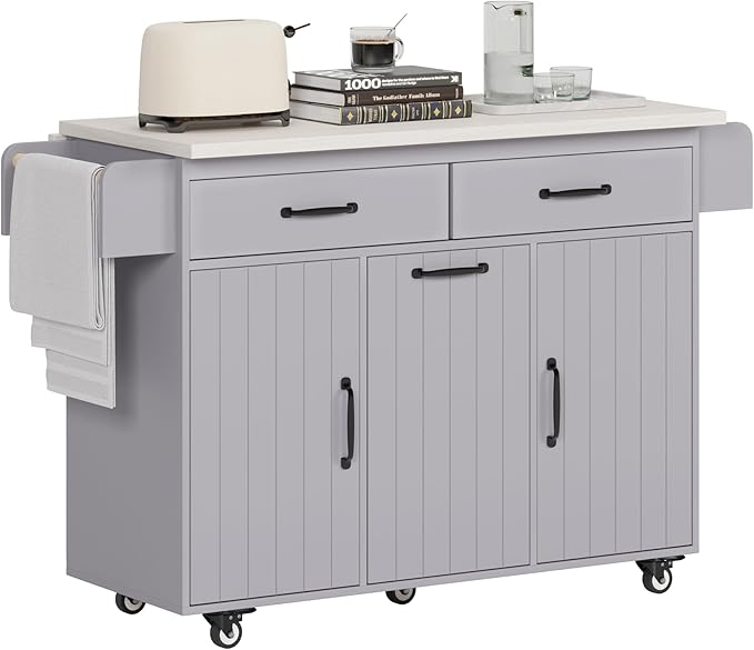 Kitchen Island with Storage & Drop Leaf, 51" Kitchen Rolling Island on Wheels with Spice Rack & Towel Rack, Kitchen Island Cart with Trash Can Storage, Grey