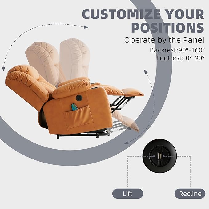 Power Lift Recliner Chair for Elderly, Electric Recliner Chairs for Adults with Massage and Heat, Cup Holders, Remote Control, USB Ports, Side Pockets, Leather (Bright Orange) ﻿