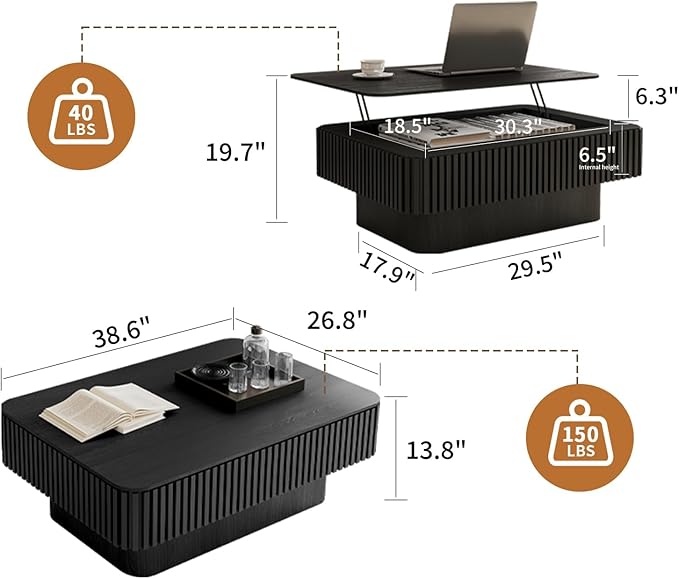 Lift Top Coffee Table for Living Room, Accent Fluted Coffee Table with Storage, Modern Solid Wood Veneered Rectangle Center Tea Table for Small Space Apartment (38.6''L×14''H-Black)