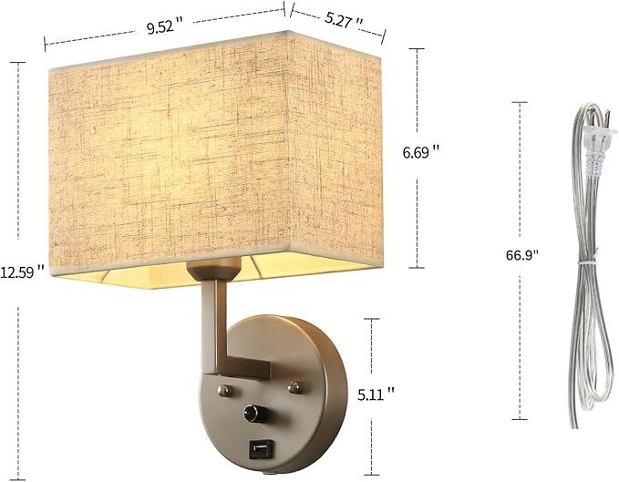 Plug in Wall Sconce with Dimmer Switch and USB Port，1-Light 9.5“Rectangular Linen Fabric Shade，Bedside Wall Lamp Satin Nickel Finish，Wall Lamps Perfect for Bedroom, Living Room and Hotel