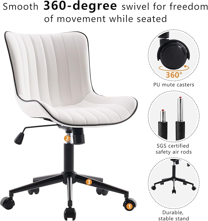 YOUNIKE Home Office Desk Chair with Wheels Armless Vanity Chair with Back Comfy Modern Leather Upholstered Rolling Task Chair Swivel Small Cute Computer Chair No Arms Wide Adjustable Ergonomic White